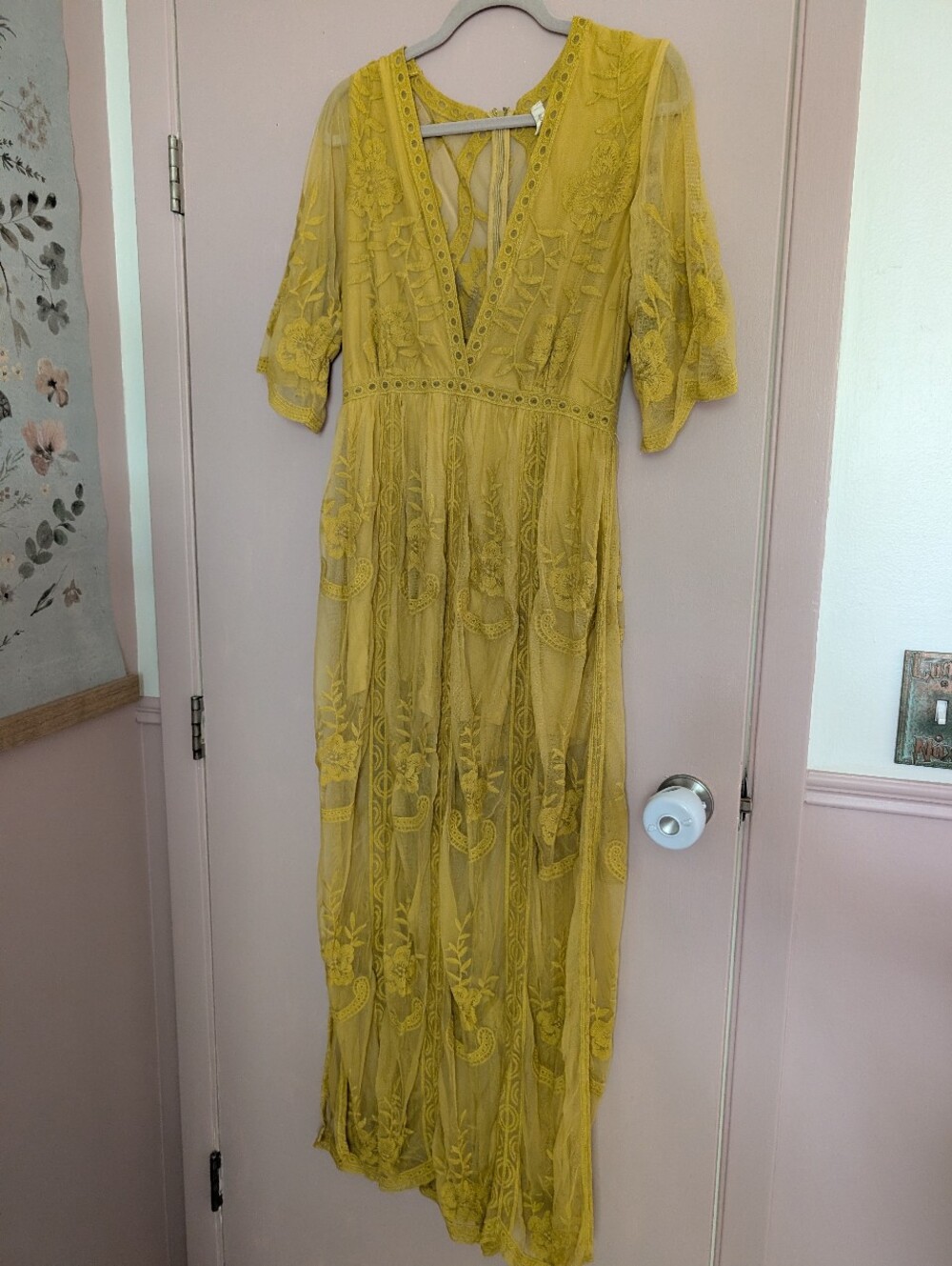 Yellow Embroidered V-Neck Maxi Dress